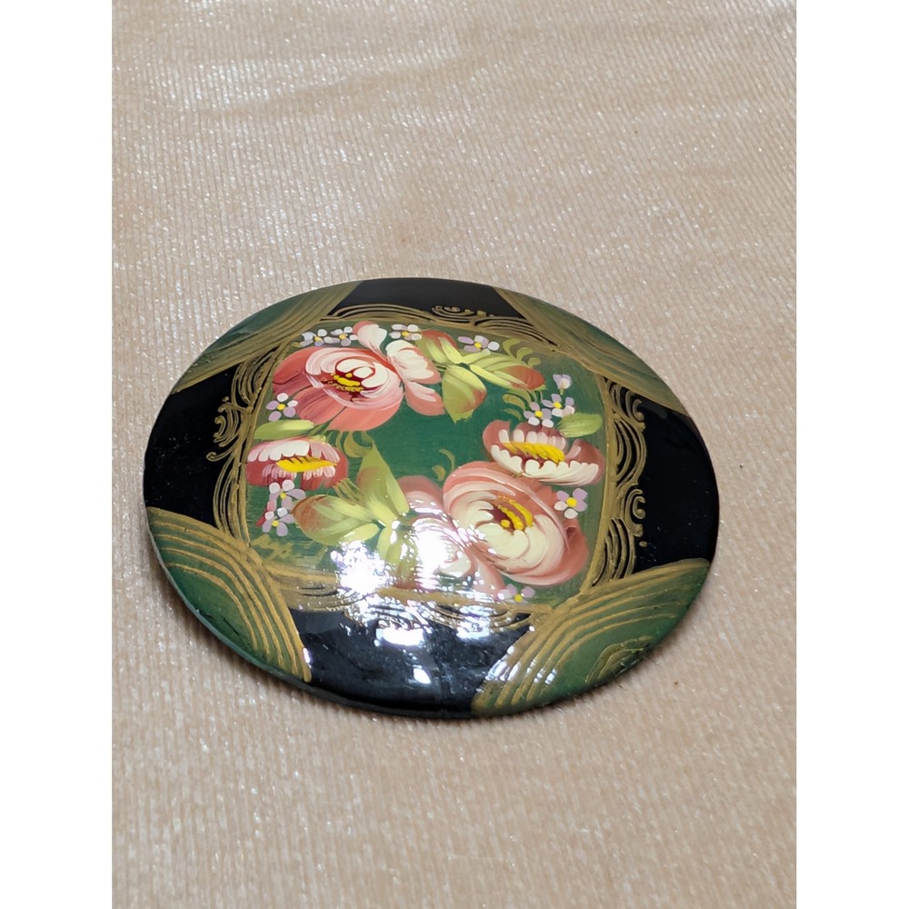 Vintage Russian Hand Painted Lacquer Floral Brooch Round Pin 2 Inch